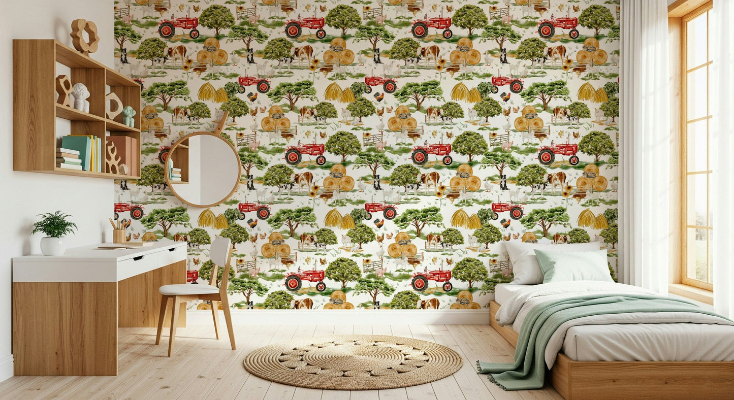 Charming Farm Animals wallpaper for walls with roosters and hay bales.