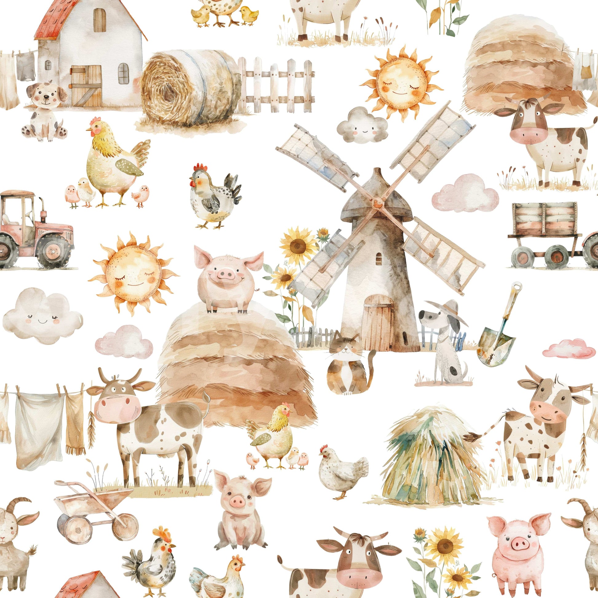 Pastoral Watercolor Farm Fun wallpaper, rustic barn, fluffy clouds.