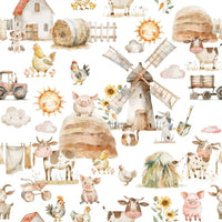Pastoral Watercolor Farm Fun wallpaper, rustic barn, fluffy clouds.