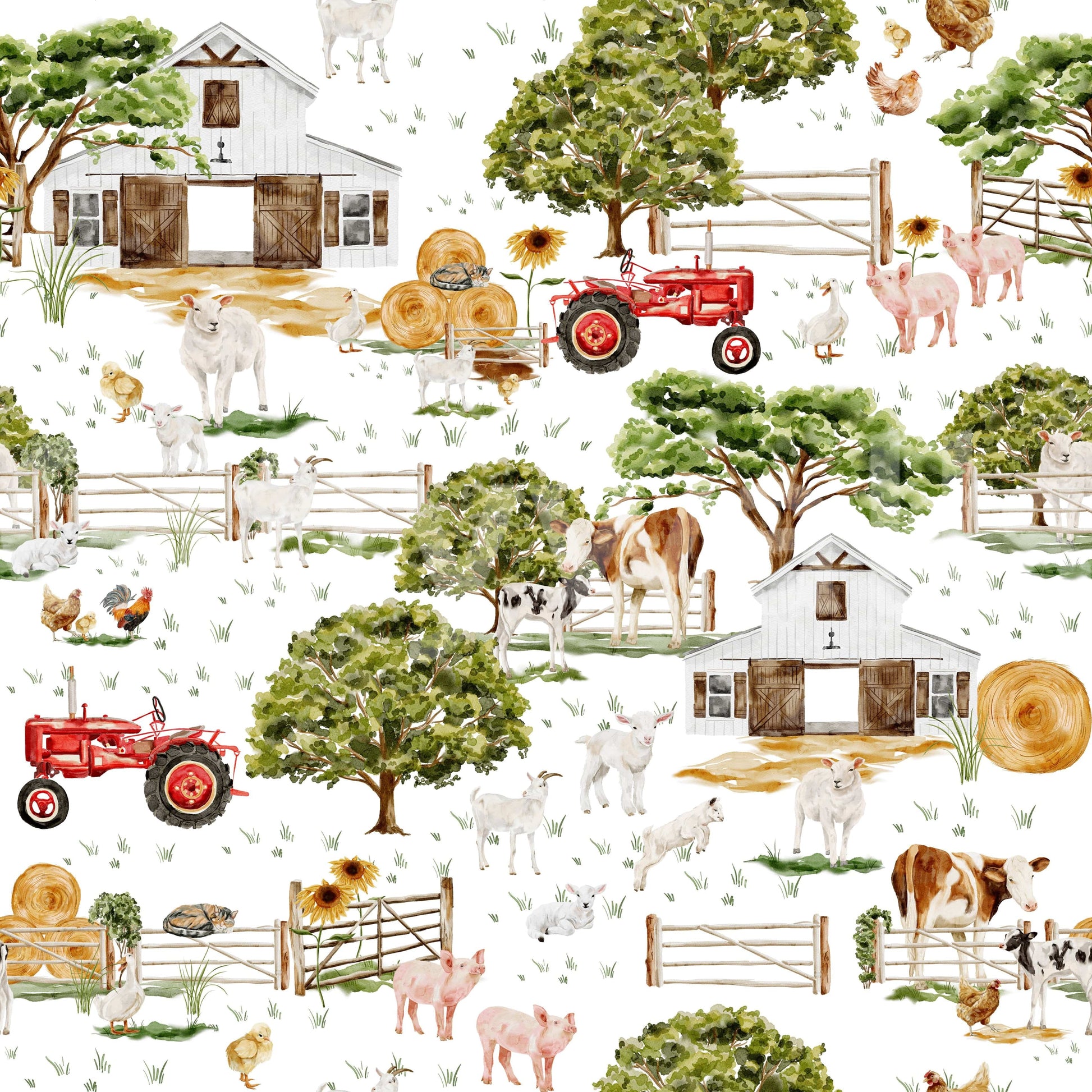 Charming farm mural with sheep, pigs, and goats in bright watercolor art.