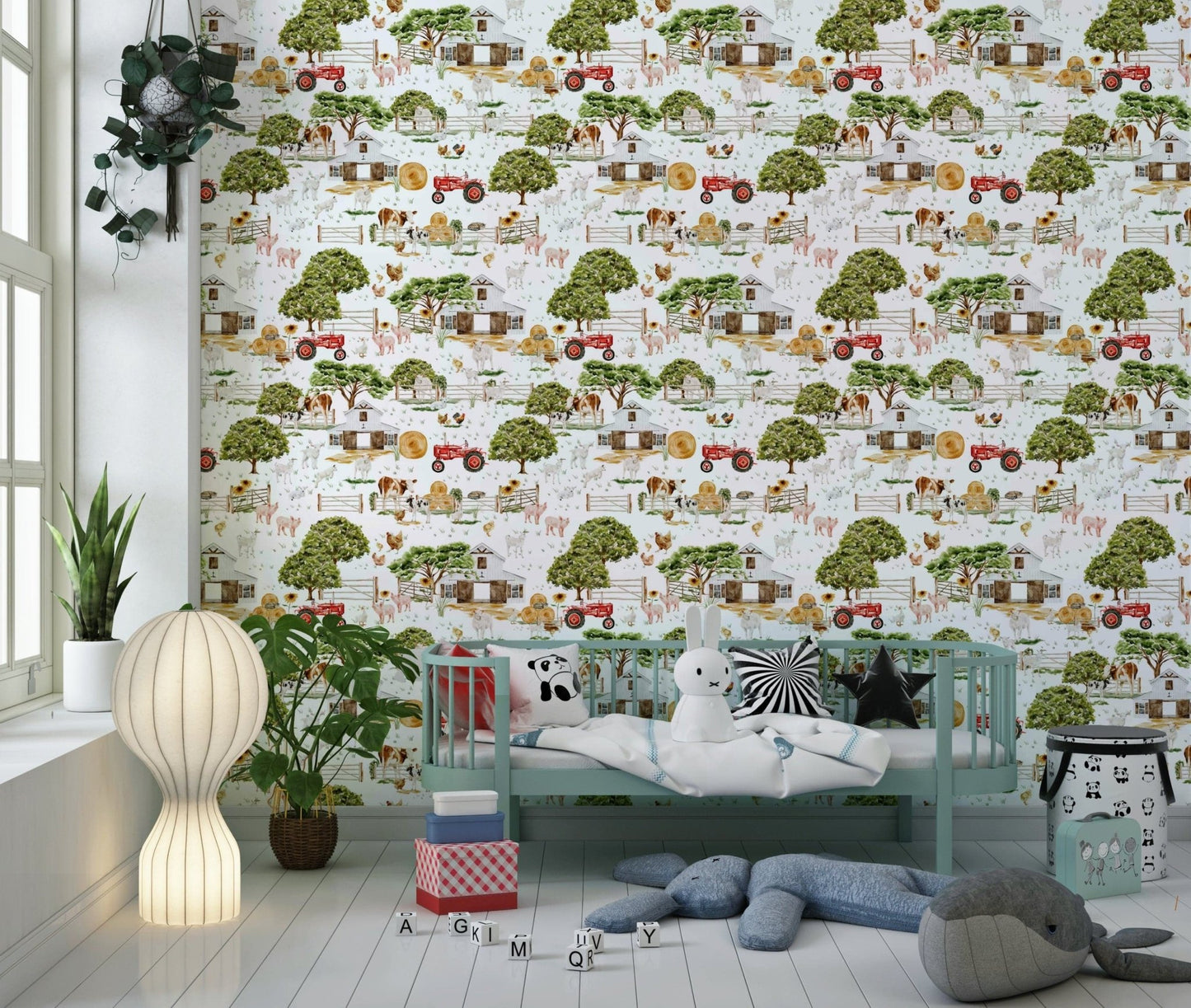 Cute Watercolor Farm Life wallpaper showing classic farmhouses and animals.