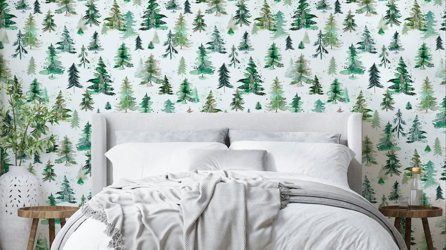Watercolor Forest Trees Spruces Wallpaper with hand-painted trees.


