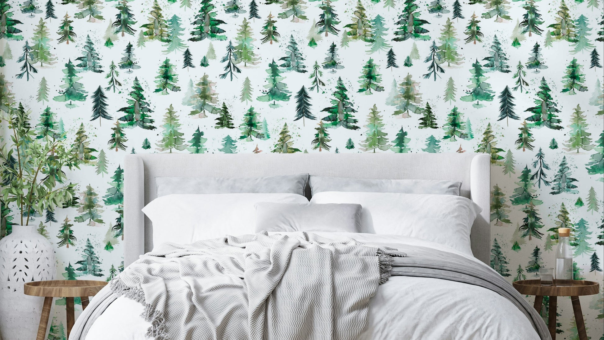 Watercolor Forest Trees Spruces Wallpaper with hand-painted trees.

