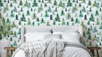 Watercolor Forest Trees Spruces Wallpaper with hand-painted trees.

