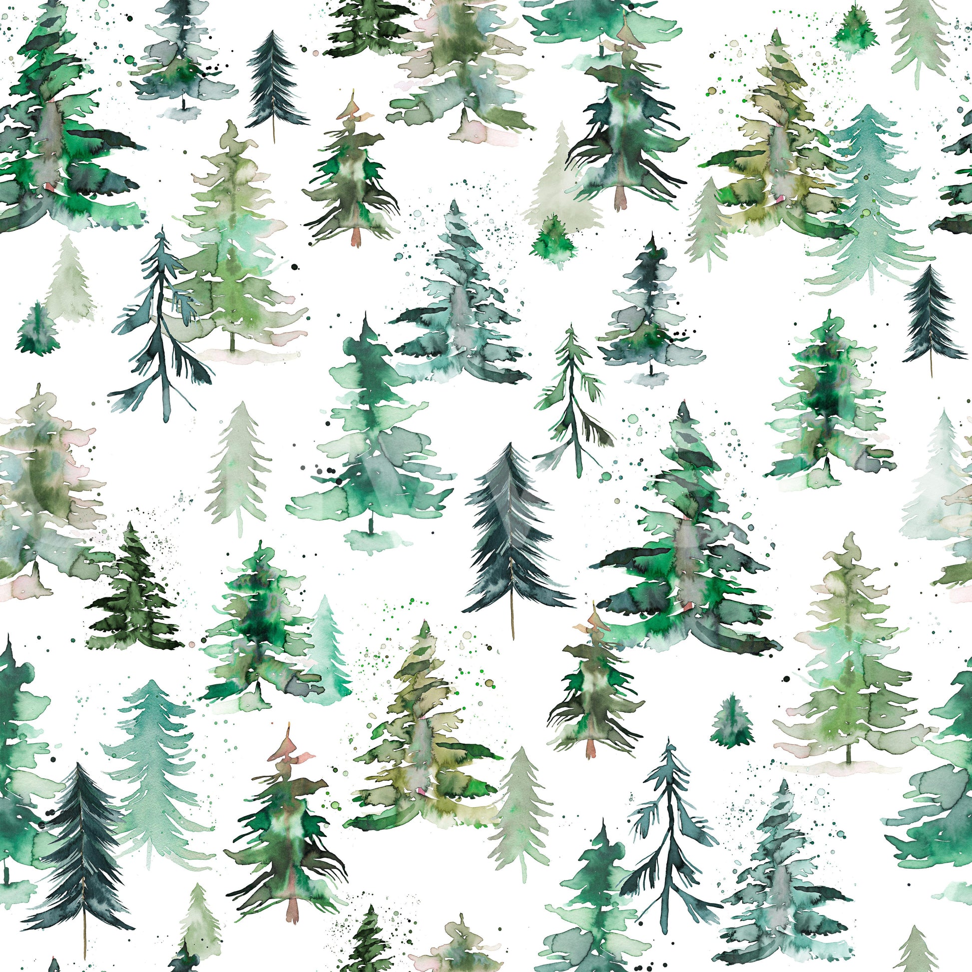 Hand-painted forest tree wallpaper with lush spruces in soft hues.

