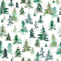 Hand-painted forest tree wallpaper with lush spruces in soft hues.

