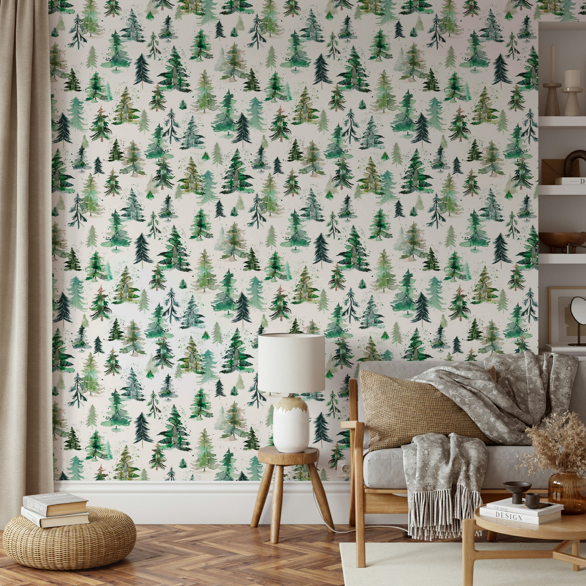 Peaceful spruces mural in soft watercolor for nature-filled interiors.


