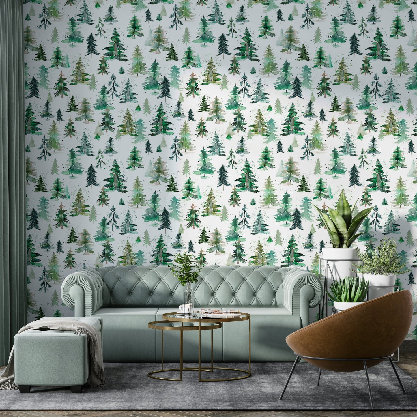 Woodland-inspired wallpaper with soft watercolor forest trees.

