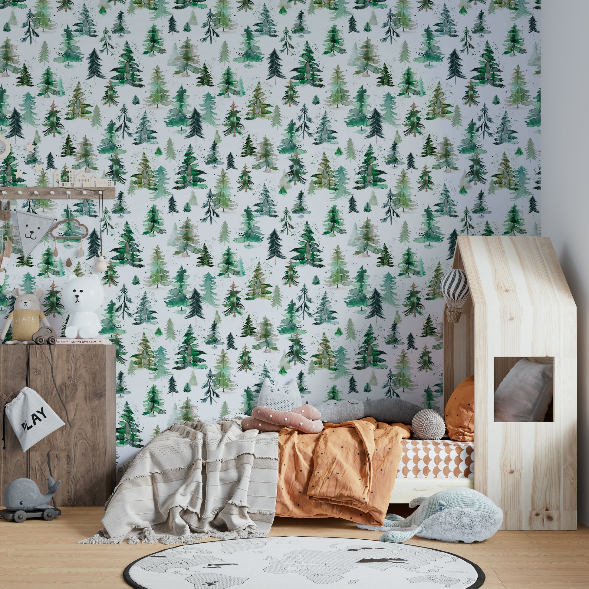 Watercolor tree mural with spruces and subtle green hues.

