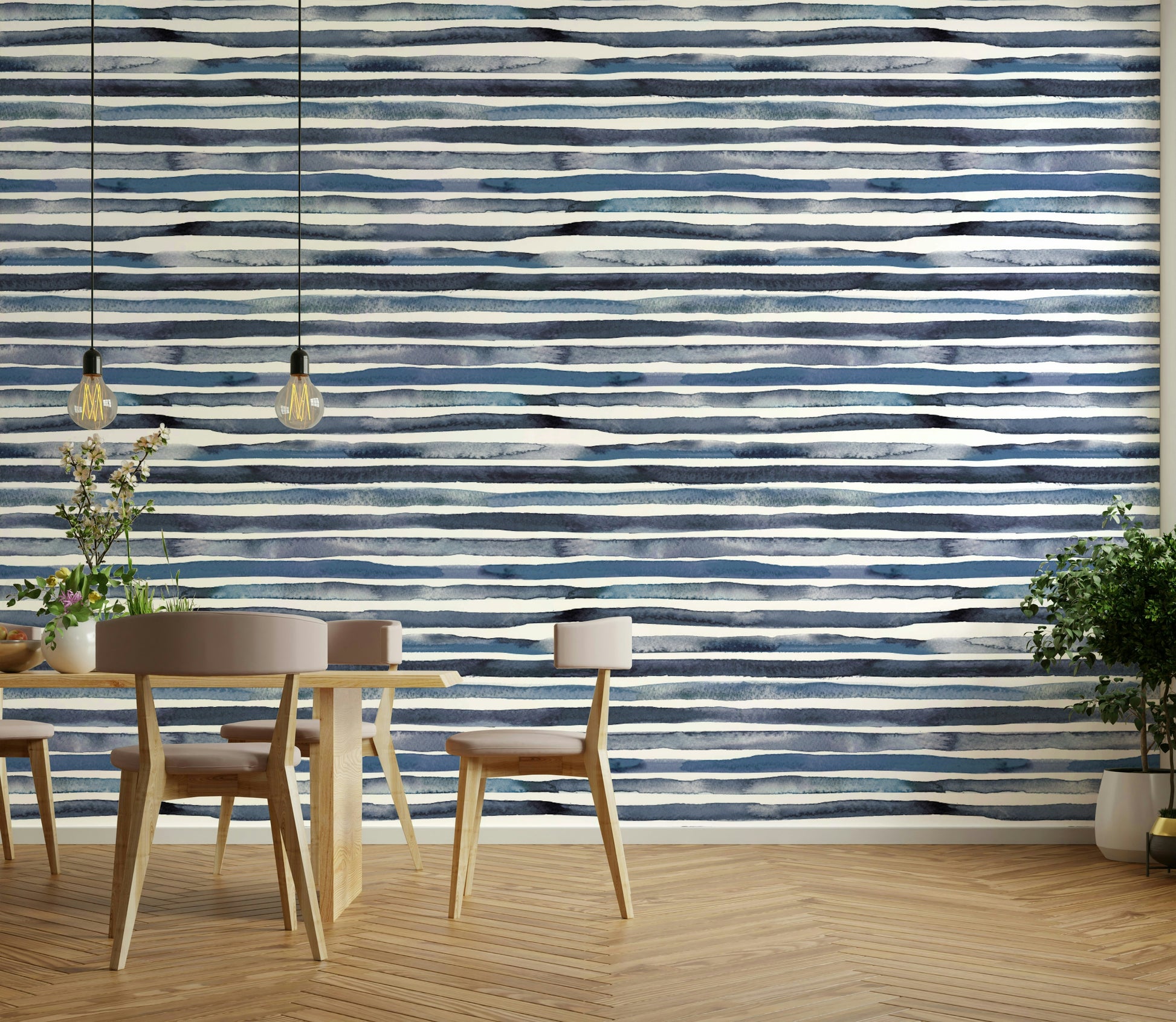 Modern striped wallpaper with soft blue tones and artistic texture.

