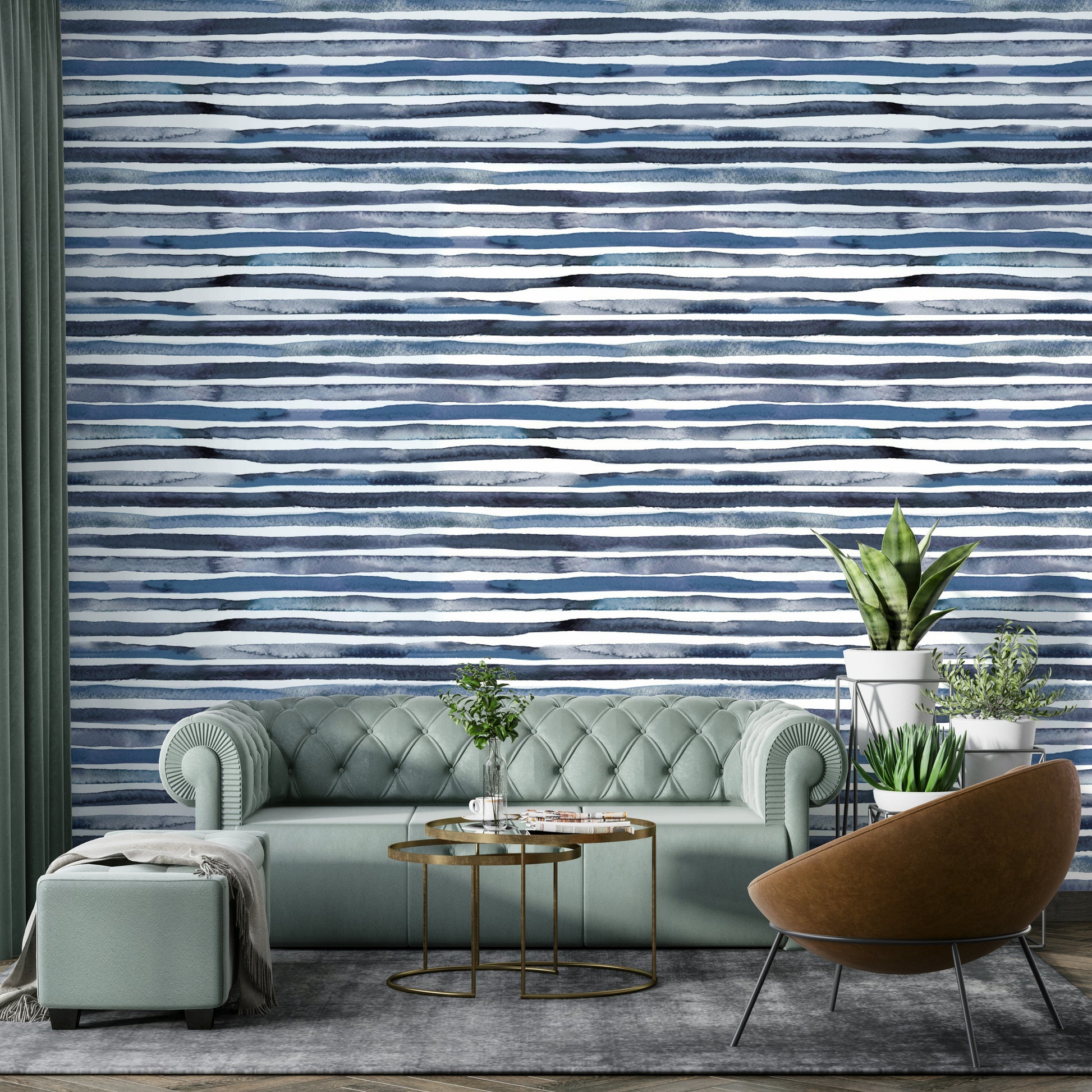 Elegant blue and white striped mural in watercolor style.

