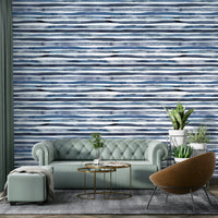 Elegant blue and white striped mural in watercolor style.


