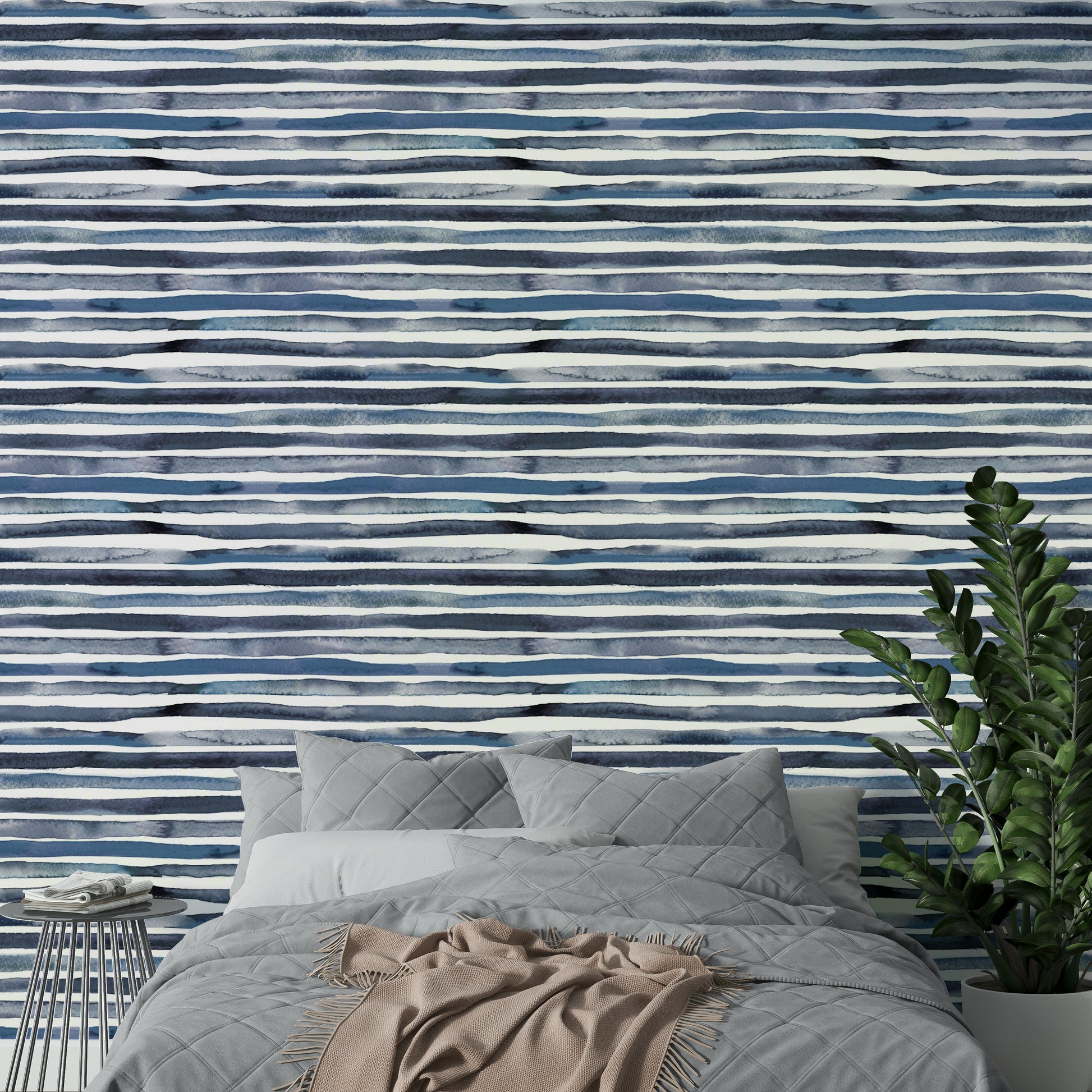 Wallpaper with smooth blue stripes and soft watercolor texture.

