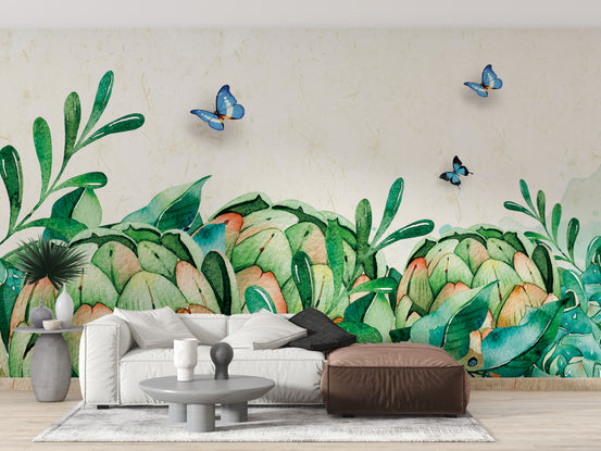 Watercolor Green Garden Wall wallpaper mural with blue butterflies behind a white sofa and brown ottoman in a living room