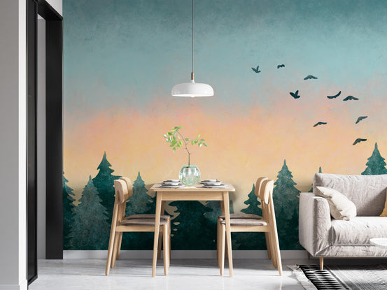 Watercolor Green Tree Forest wallpaper mural shown as a full feature wall that highlights the design