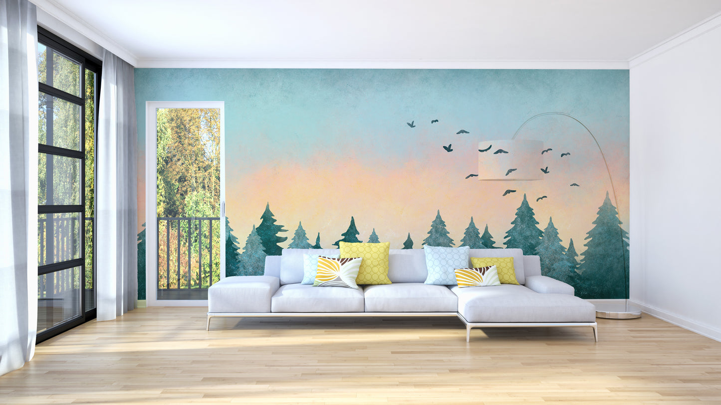 Watercolor Green Tree Forest Wallpaper Mural