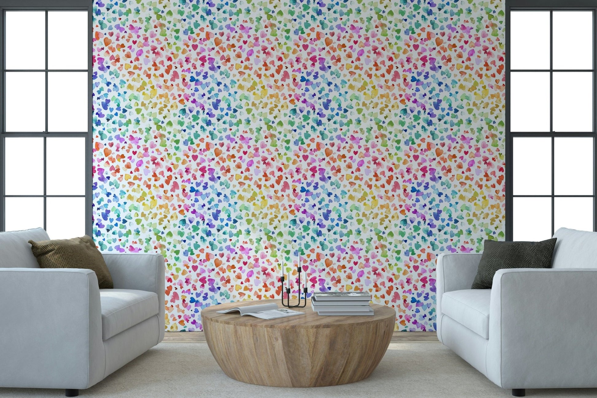 Subtle gray and blush heart wallpaper for a sophisticated master suite.