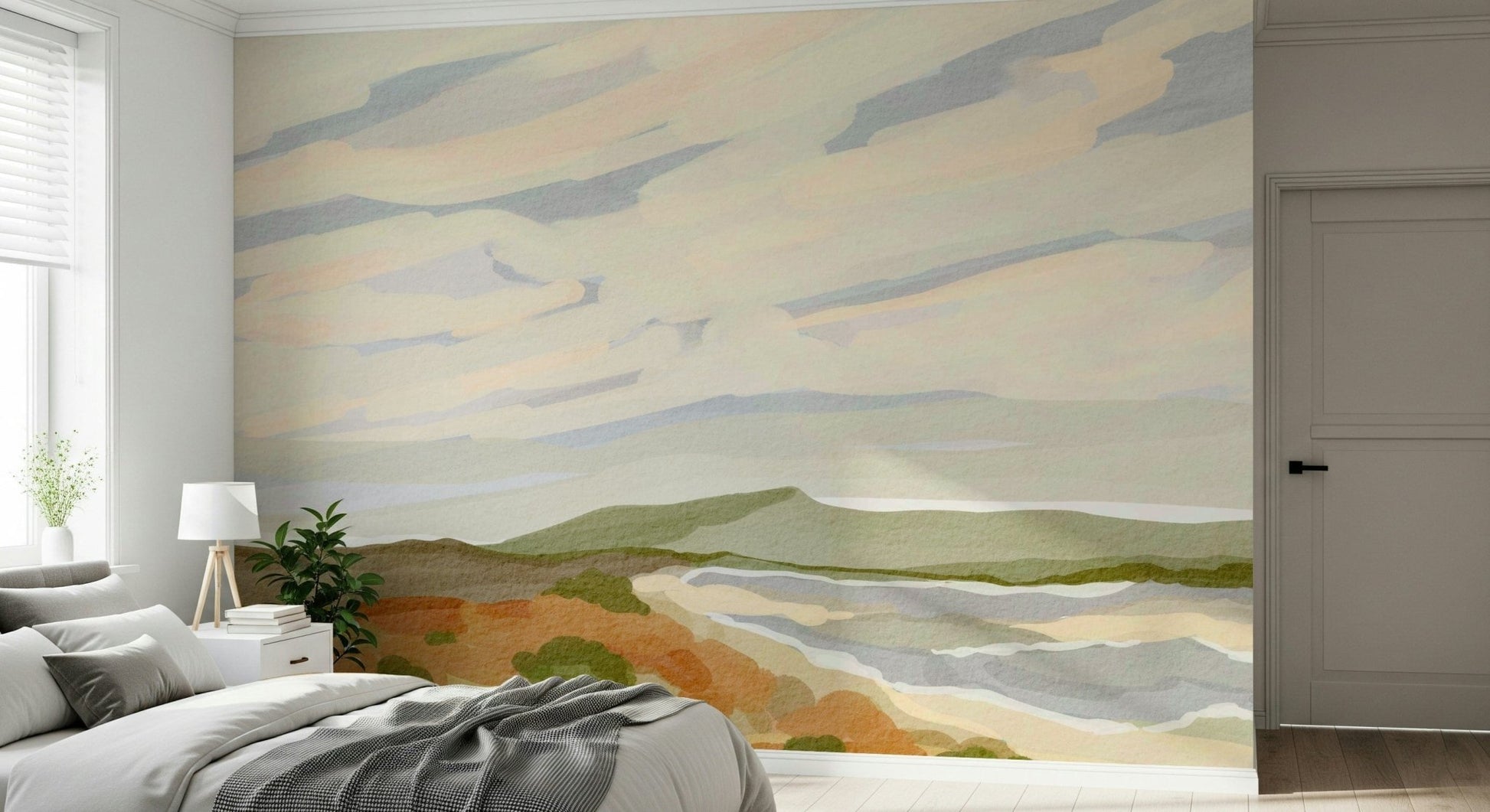 Painterly wall covering titled Watercolor Hills for colorful living room.