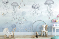 Marine life wall mural featuring floating jellyfish
