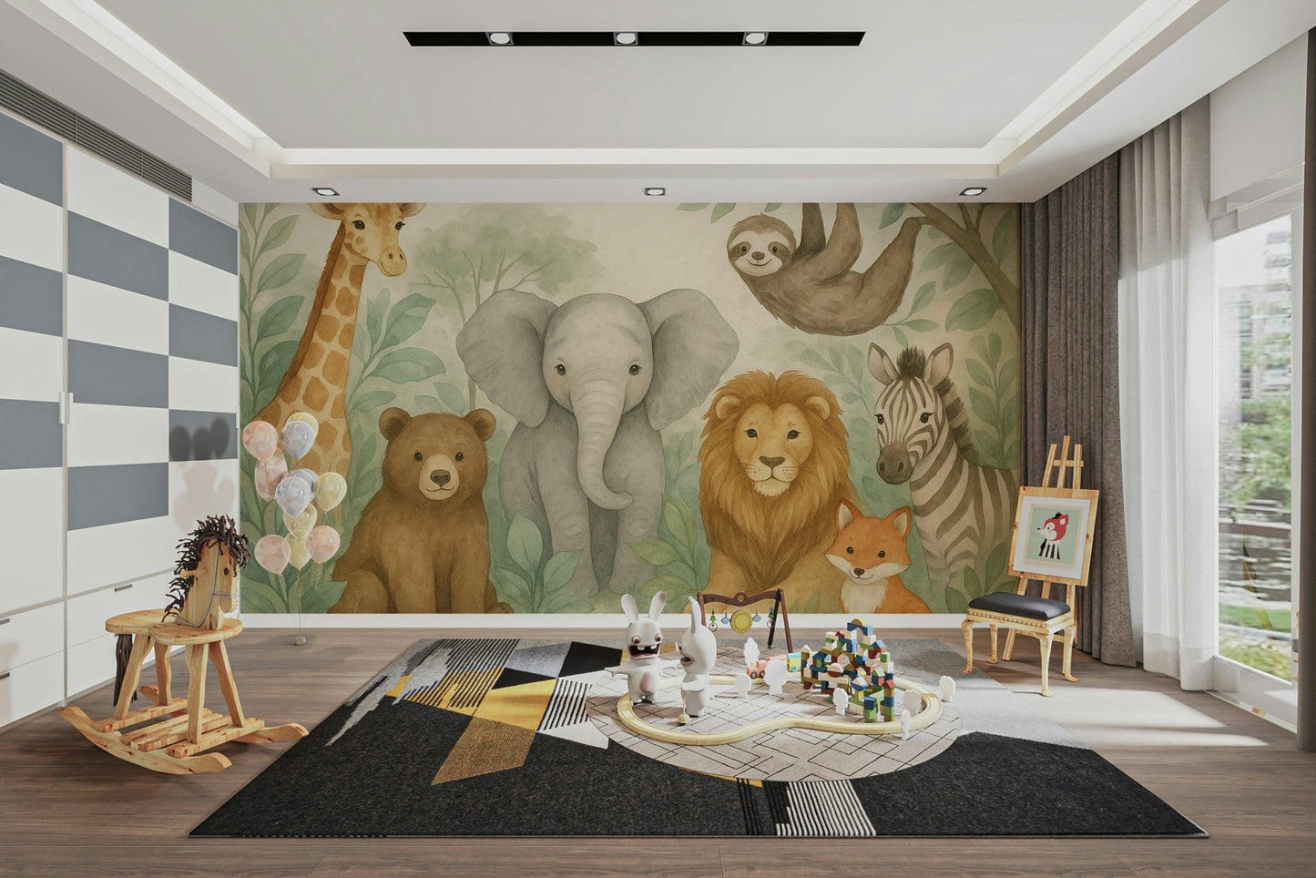 Baby animal mural in leafy tropical setting

