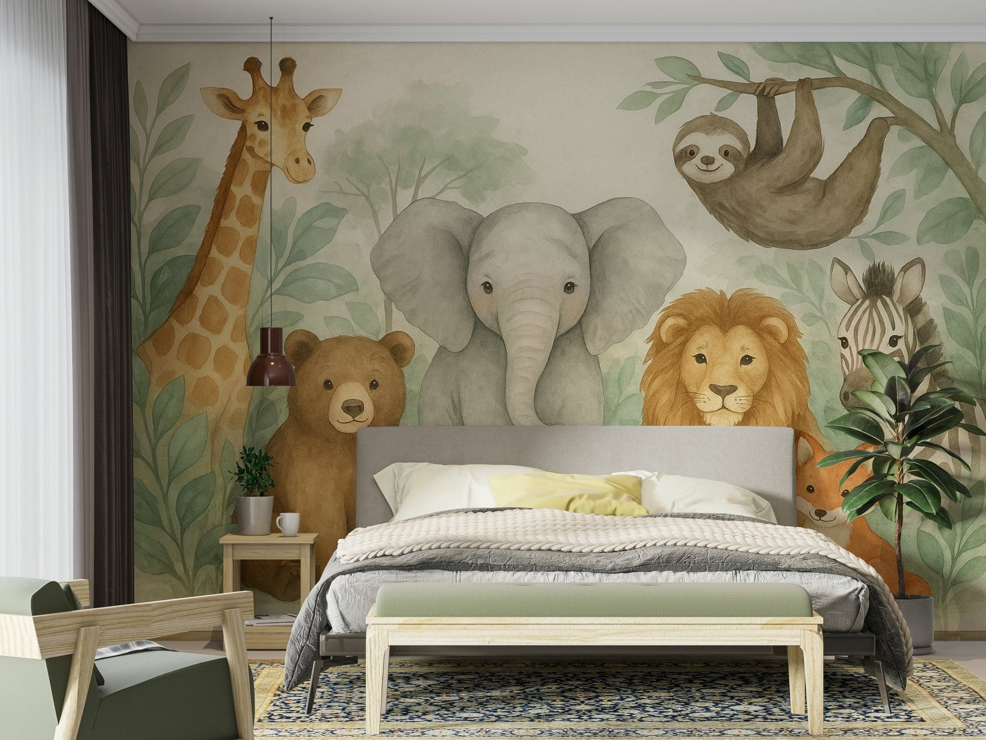 Watercolor Jungle Friends Wall Mural with cute animals

