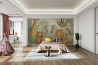 Watercolor-style mural with jungle characters

