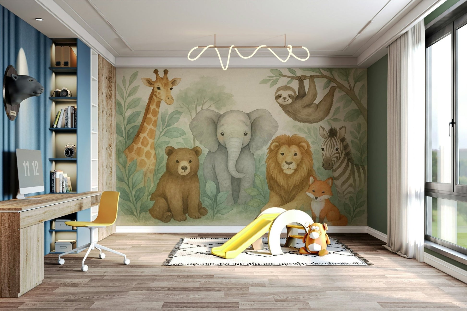 Hand-painted jungle animal mural for kids’ room

