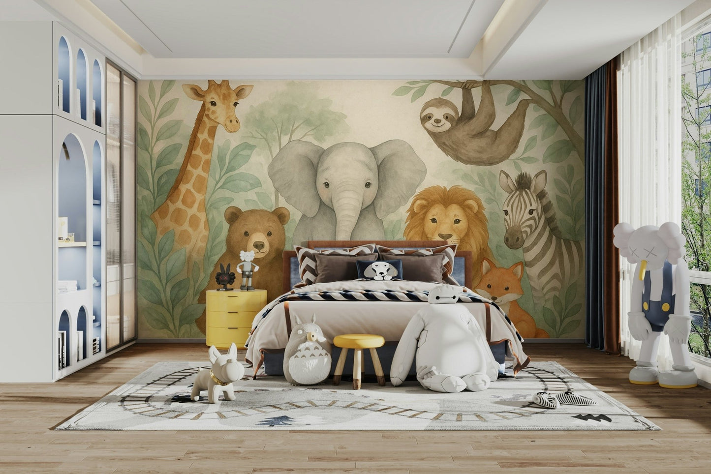 Jungle friends mural in soft pastel tones

