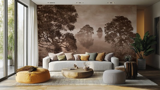 Watercolor Lake Monochrome Ink Sepia Wallpaper Murals - Giffywalls