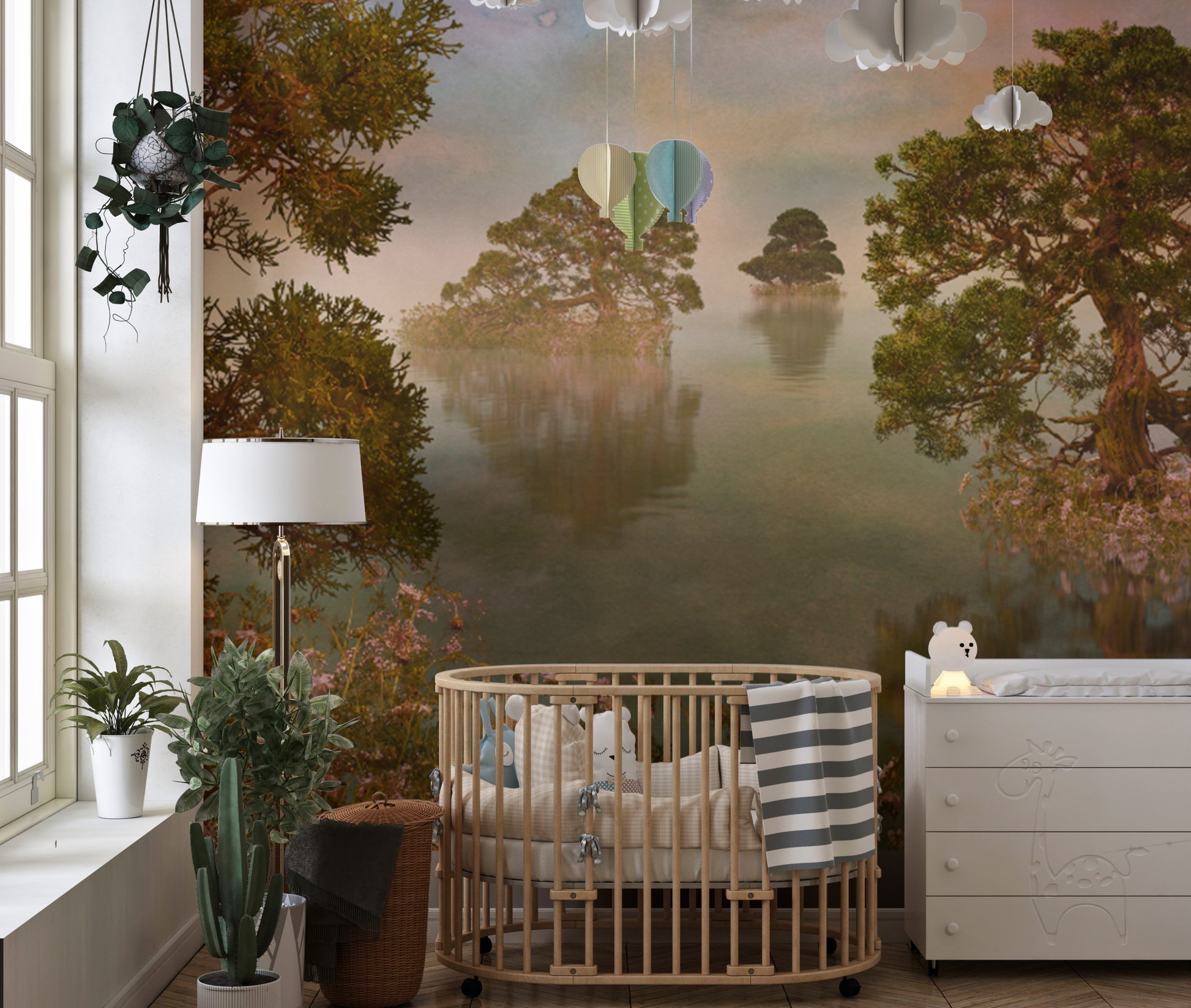 Beautiful watercolor lake sunset forest wallpaper for serene ambiance.