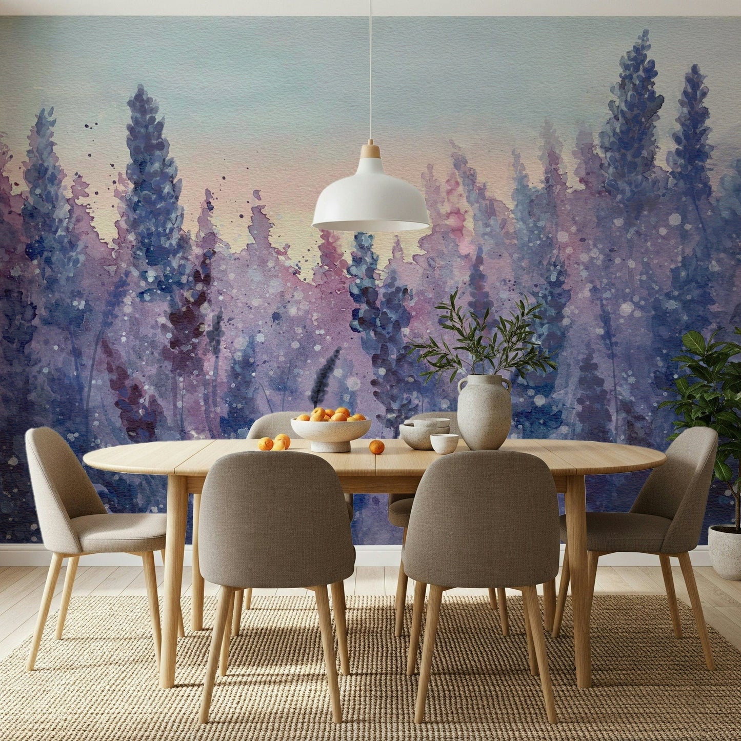 An artistic delicate lavender mural on minimalist wallpaper.

