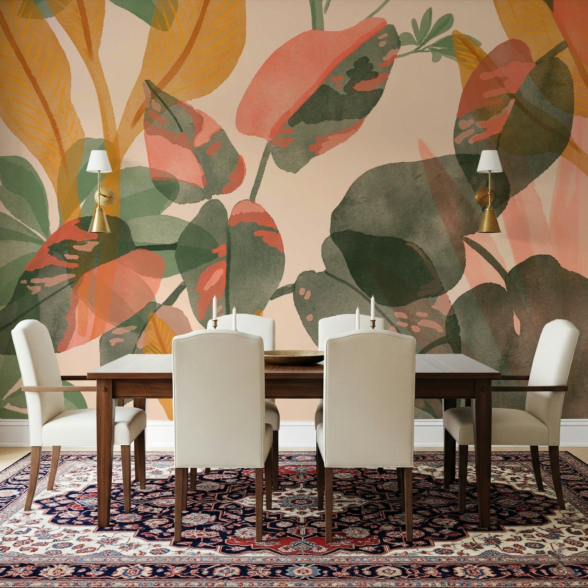 A graceful subtle leaf wall mural in soft, watercolor tones.