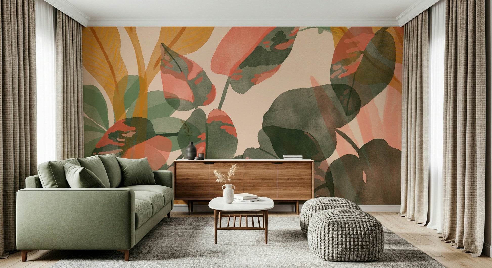 A serene subtle foliage wall mural with a painterly effect.