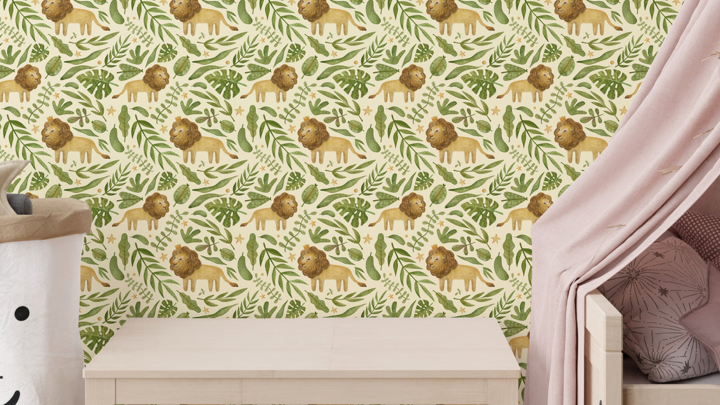 Watercolor lion wallpaper for kids' room
