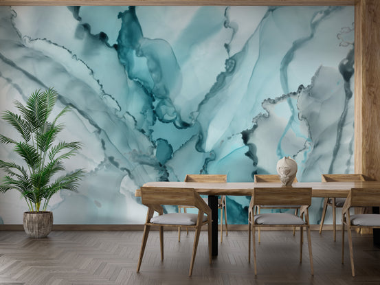 Watercolor Abstract Blue Color Ink Marble wallpaper mural shown as a full feature wall that highlights the design