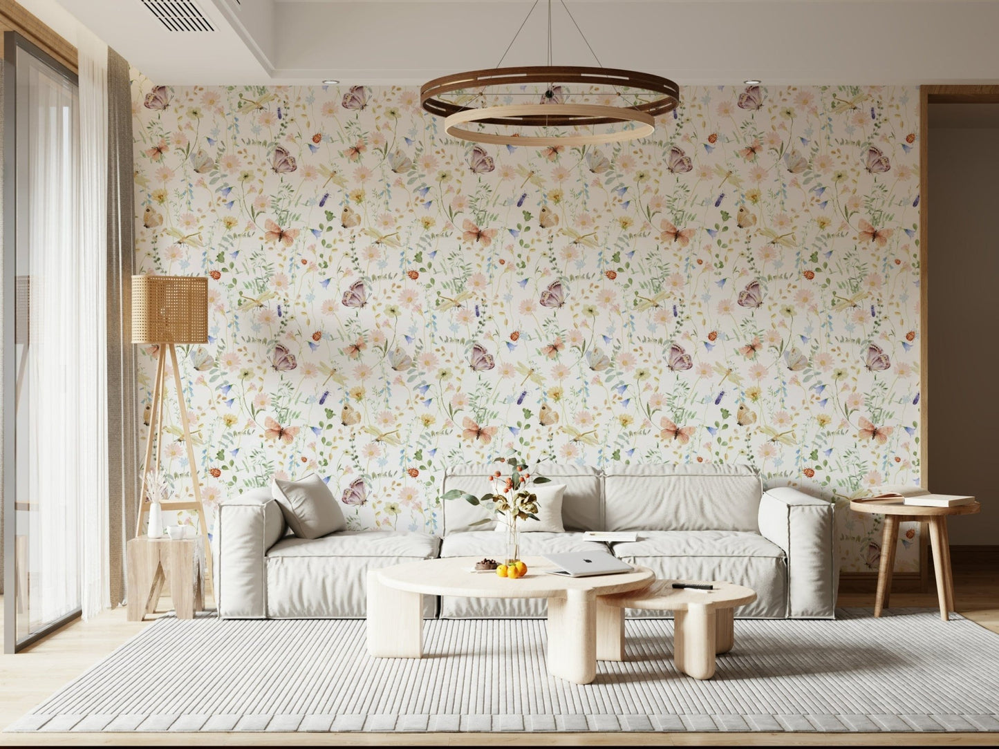 Whimsical wall mural capturing a vibrant meadow scene with delicate, sweet, painted creatures.