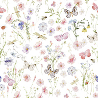 Lovely nursery mural: Wildflowers Meadow with detailed watercolor butterflies and blooms.