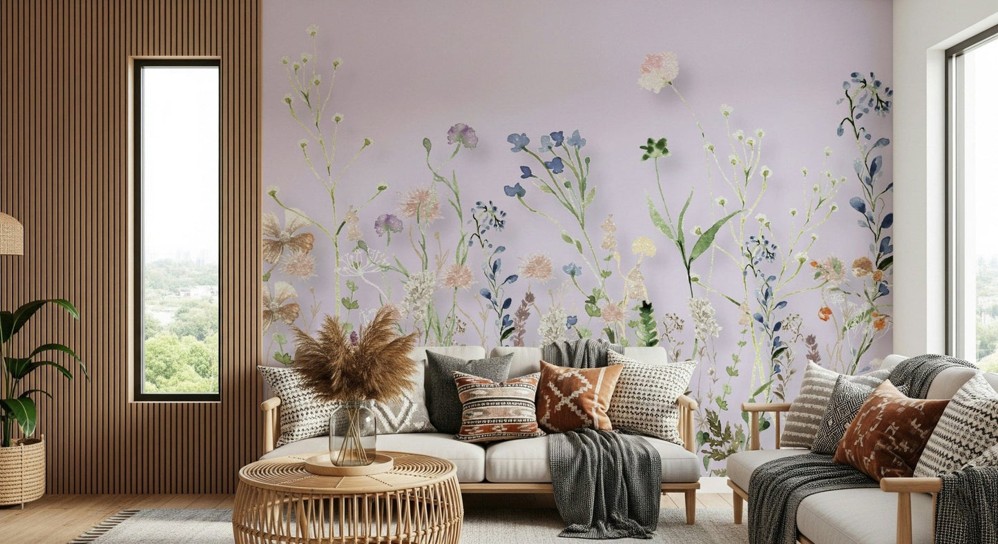 A botanical wallpaper with delicate wildflowers painted in pastel tones against a calm sage backdrop.
