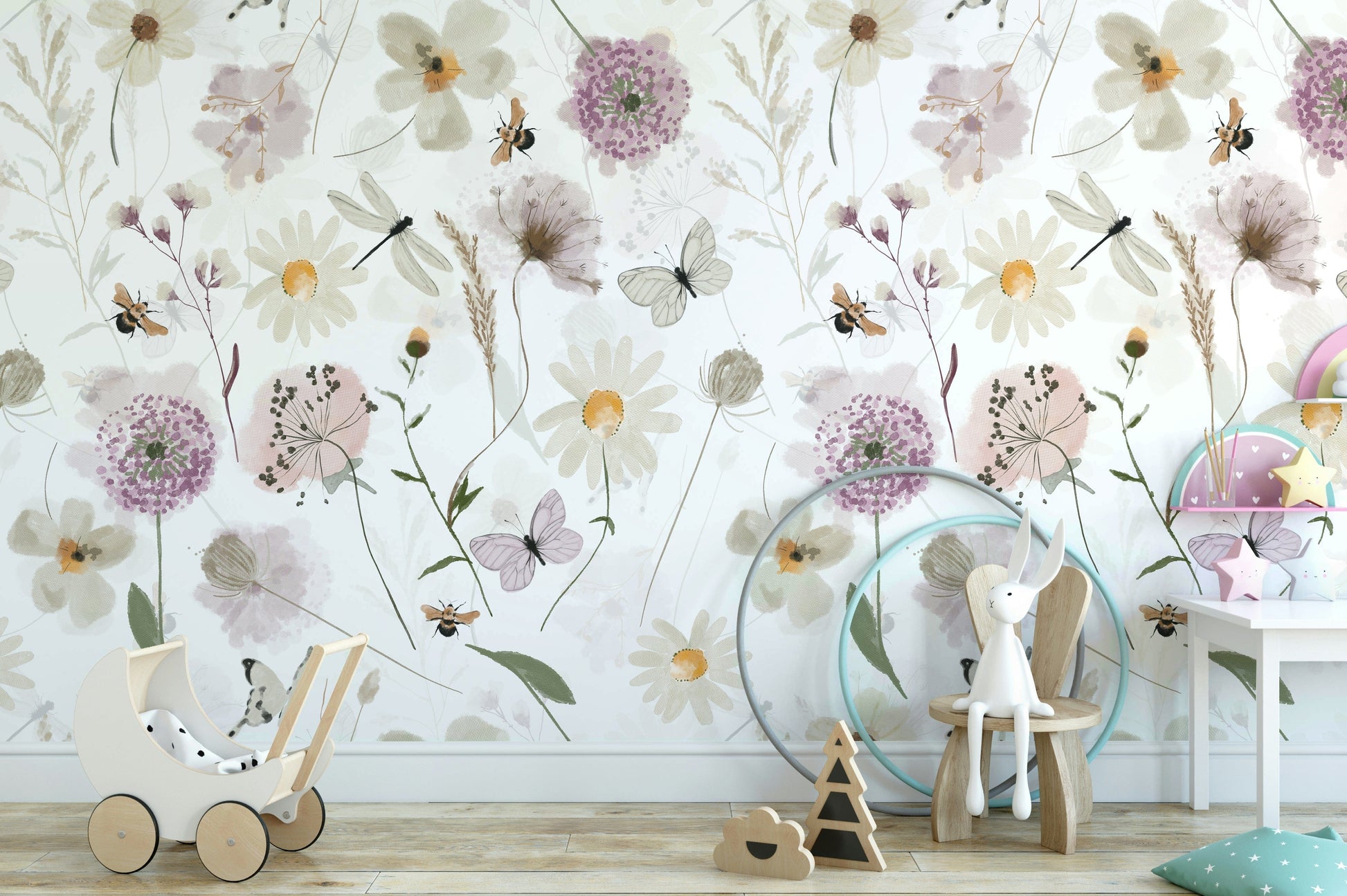 The mural shows a hand-painted floral scene with insects.

