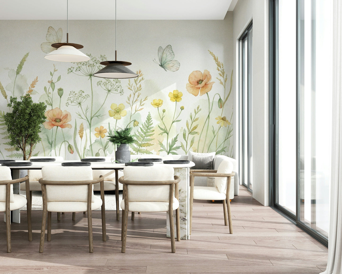 Durable wall mural installed in a kitchen dining area with natural light.