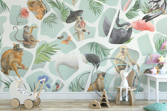 Watercolor Monkey wallpaper mural shown as a full feature wall that highlights the design