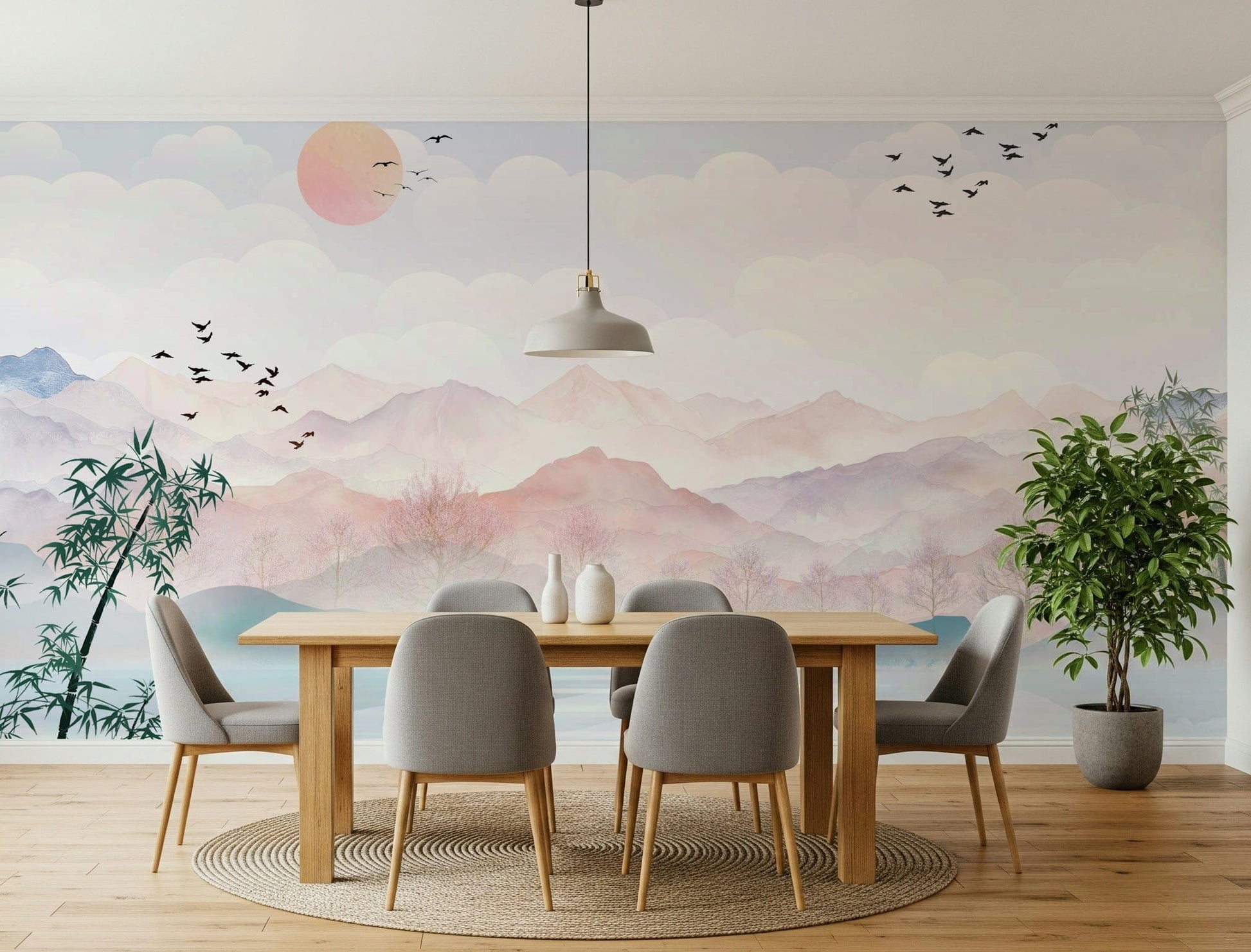 Blue and gray mountain mural for modern apartment walls.