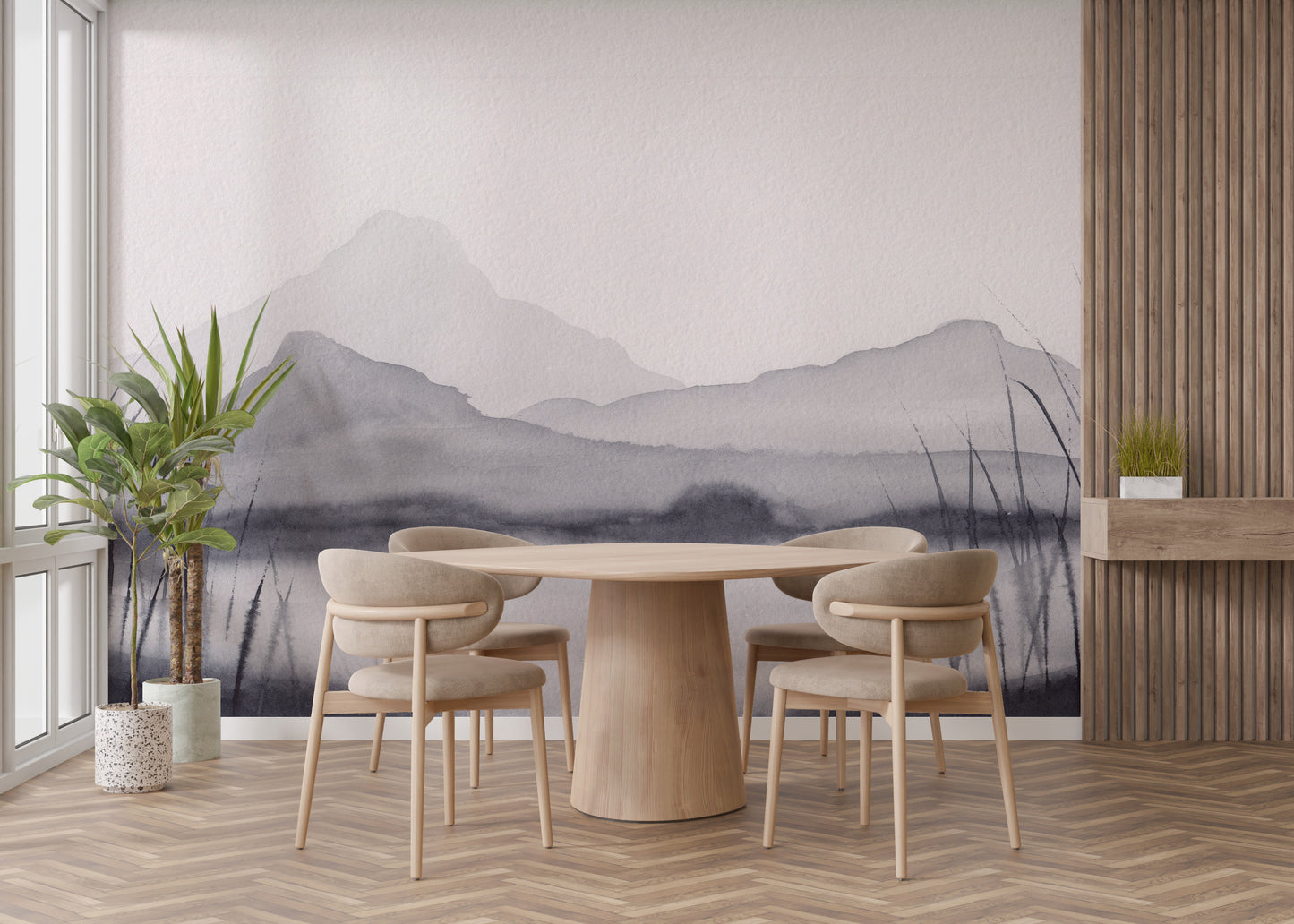 Misty mountain landscape wall decor in watercolor design.