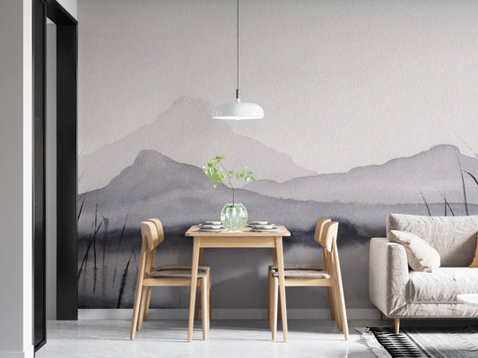 Monochrome mountain scene wallpaper with watercolor effect.
