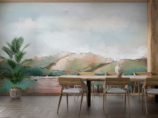 Watercolor Mountain wallpaper mural shown as a full feature wall that highlights the design