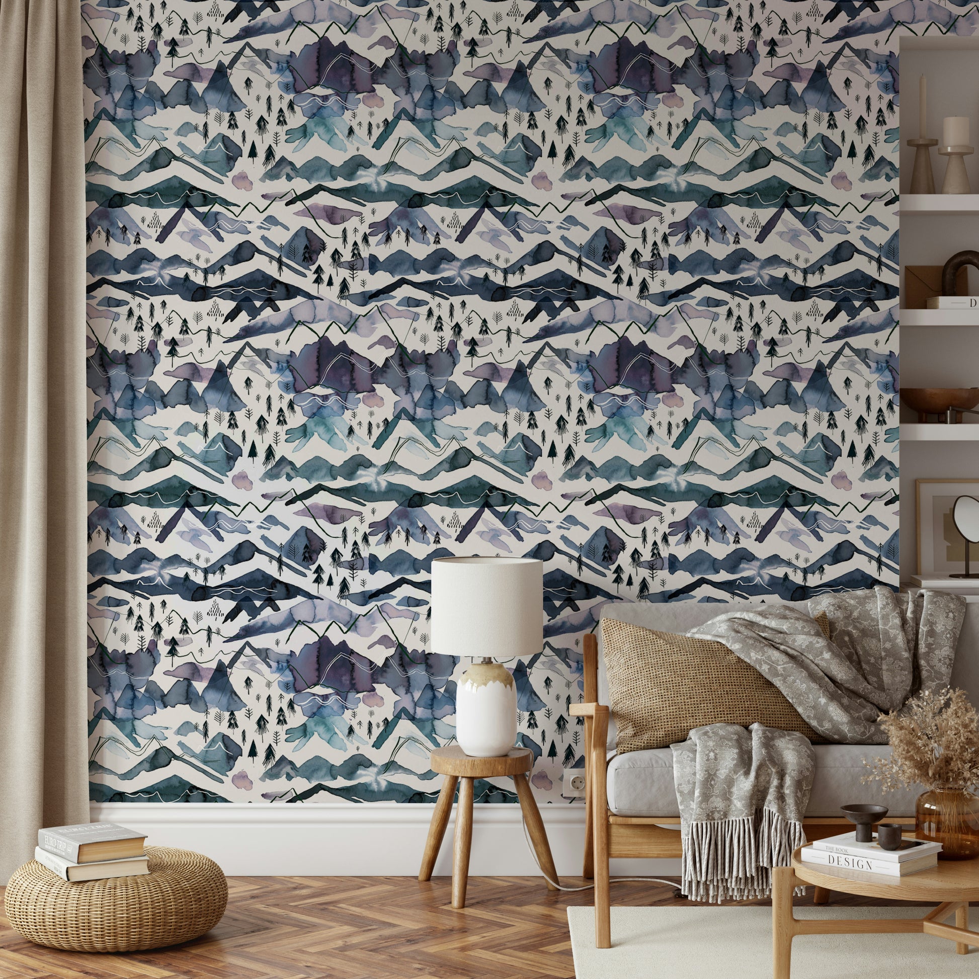 Calm nature mural with layered watercolor mountain silhouettes.

