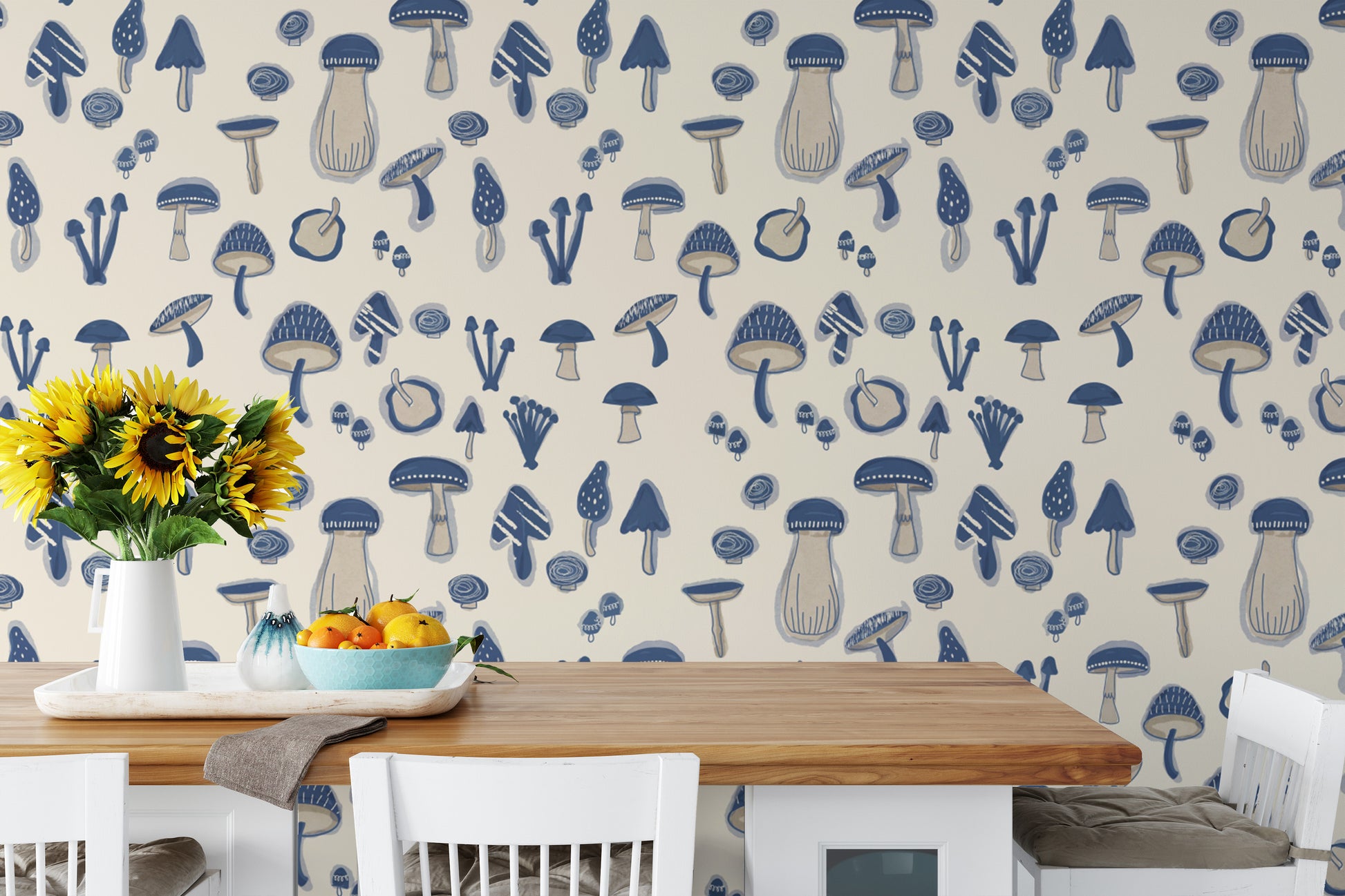 Soft Watercolor Mushrooms Navy Blue Wallpaper