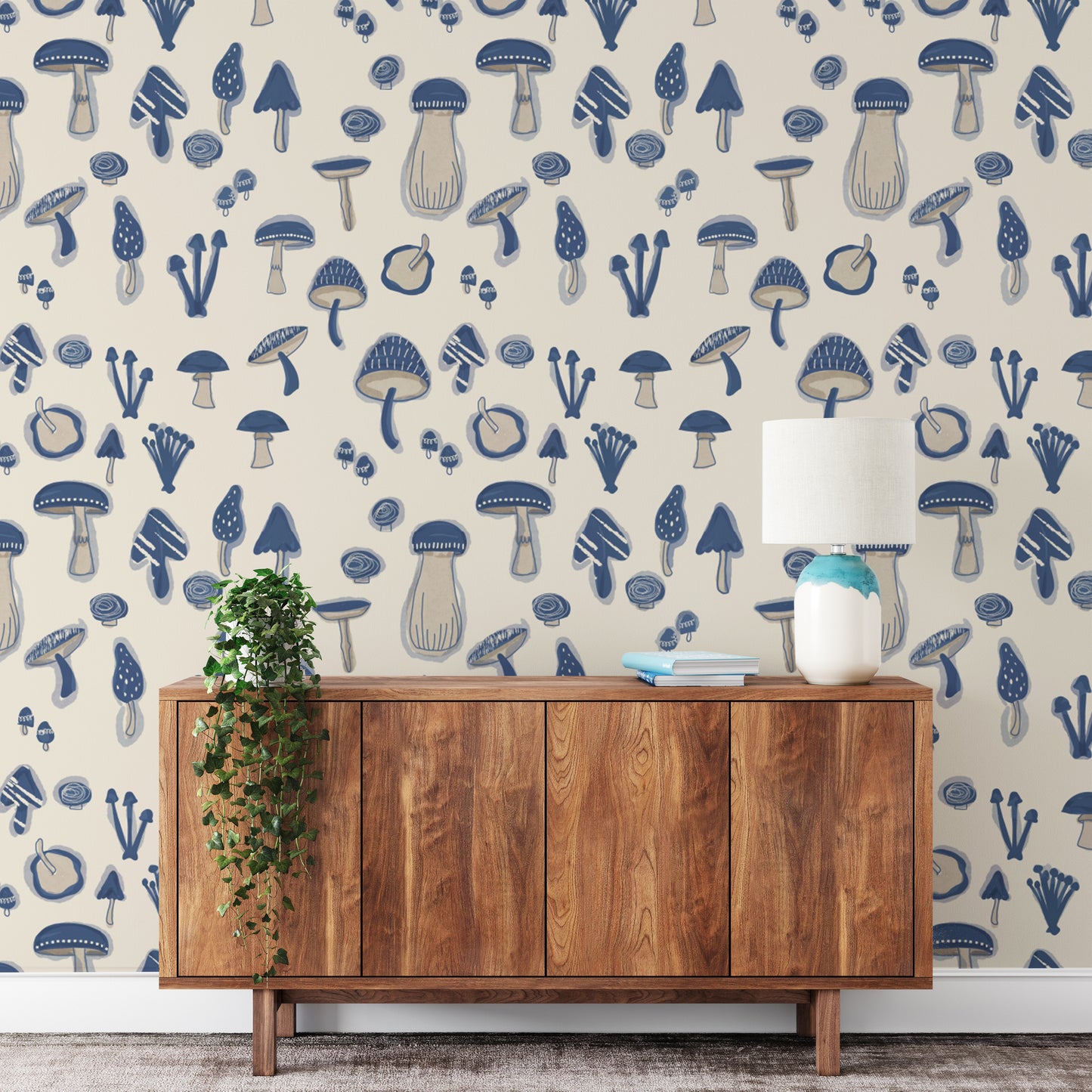 Artistic Watercolor Mushrooms Navy Blue Wallpaper