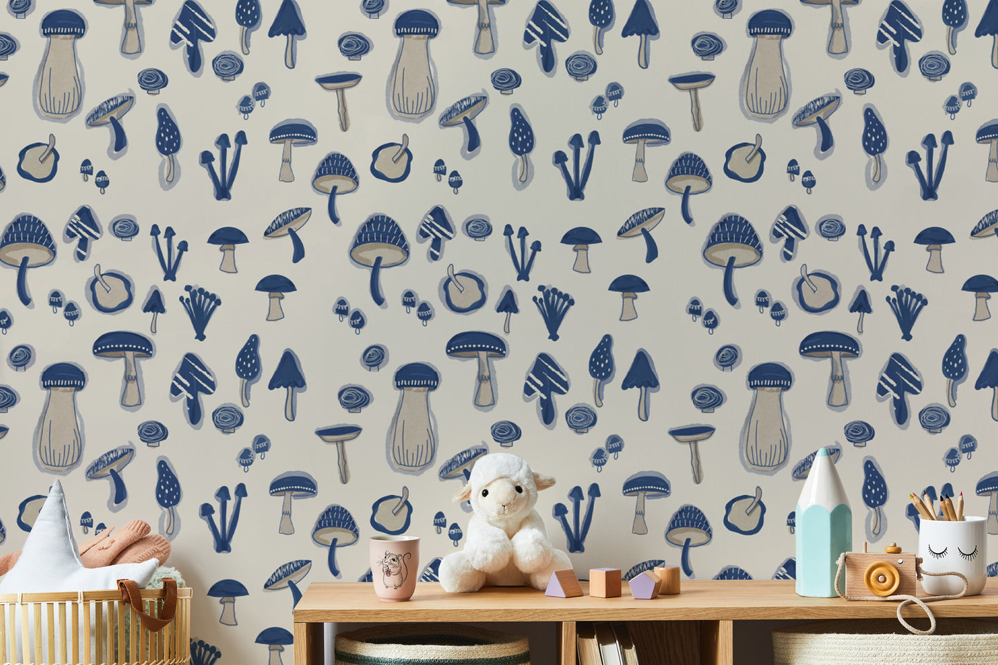 Navy Blue Watercolor Mushrooms Wallpaper for walls