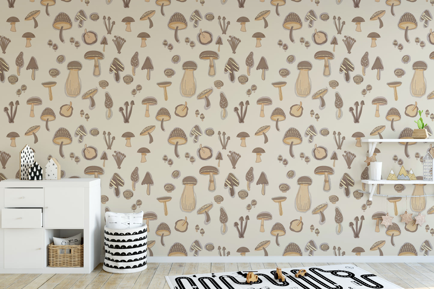 Sand-colored Watercolor Mushrooms Wallpaper for decor